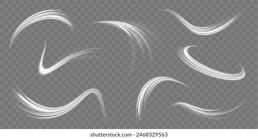 Light white Twirl. Curve light effect of white line. Luminous white circle. Vector comet with large dust. Falling Star. Glow light effect. White sparkling falling star. Stardust trail.	