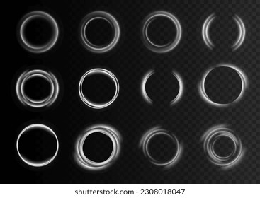 Light white Twirl. Curve white line light effect. Abstract luxury white light vector flare semicircle and spark light effect. Glowing white circle. PNG isolated set of round sparks or round lights