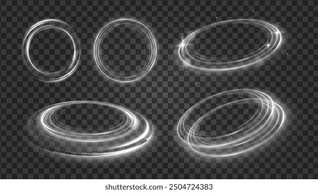 Light white Twirl. Curve white line light effect. Abstract luxury white light vector flare semicircle and spark light effect. Glowing white circle. PNG isolated set of round sparks or round lights

