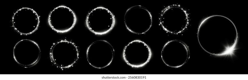 
Light white Twirl. White line curve light effect. Glowing white circle.  Isolated set of round frames.