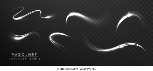 Light white Twirl light. Magic white light glow effect vortex line vector. Flying christmas star trail motion