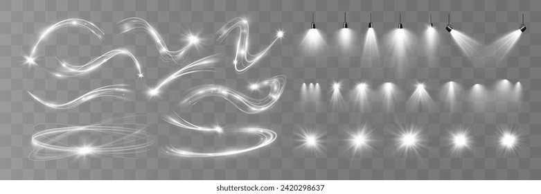 Light white wave and spotlight shine effect,vector glow line sparkle shine. Silver wavy effects.	