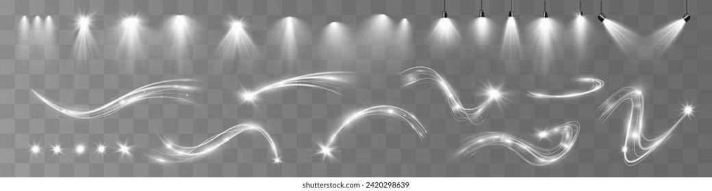 Light white wave and spotlight shine effect,vector glow line sparkle shine. Silver wavy effects.	