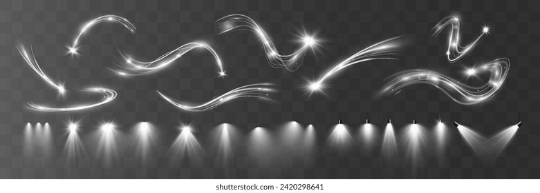 Efecto de onda blanca clara y brillo de foco,brillo vectorial de línea brillante brillo de brillo. Efectos ondulados plateados.	