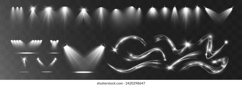 Light white wave and spotlight shine effect,vector glow line sparkle shine. Silver wavy effects.	