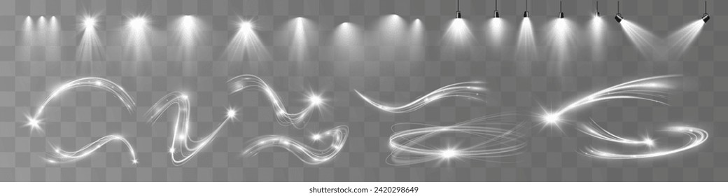 Light white wave and spotlight shine effect,vector glow line sparkle shine. Silver wavy effects.	