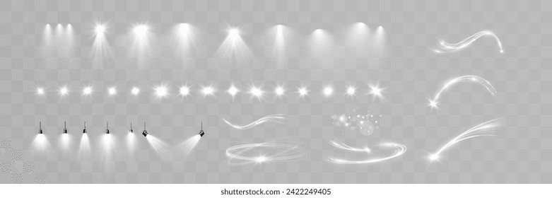 Light white wave and spotlight shine effect,vector glow line sparkle shine. Silver wavy effects.	
