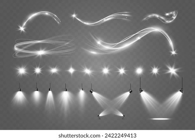 Light white wave and spotlight shine effect,vector glow line sparkle shine. Silver wavy effects.	
