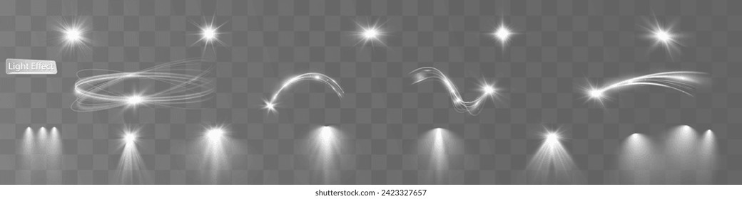 Light white wave and spotlight shine effect,vector glow line sparkle shine. Silver wavy effects.