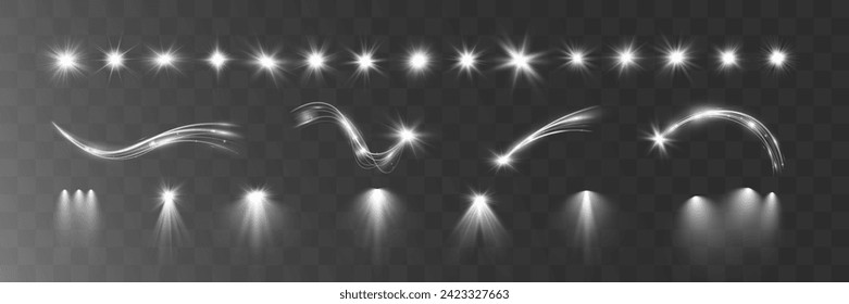 Light white wave and spotlight shine effect,vector glow line sparkle shine. Silver wavy effects.