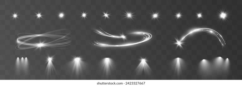 Light white wave and spotlight shine effect,vector glow line sparkle shine. Silver wavy effects.