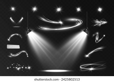 Light white wave and spotlight shine effect,vector glow line sparkle shine. Silver wavy effects.	
