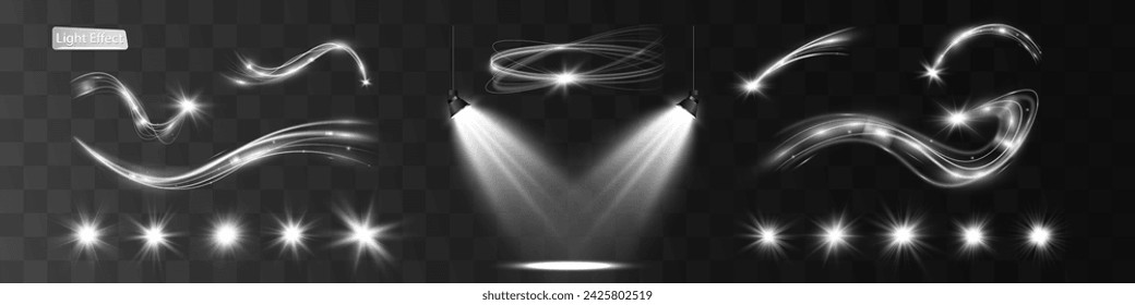 Light white wave and spotlight shine effect,vector glow line sparkle shine. Silver wavy effects.	
