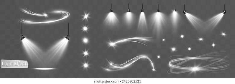 Efecto Onda blanca clara y brillo de foco, brillo de línea de resplandor vectorial. Efectos ondulados plateados.	
