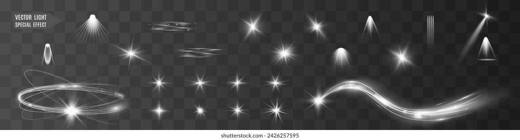 Light white wave and spotlight shine effect,glow line sparkle shine. Silver white wavy effects.	