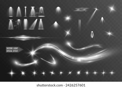 Light white wave and spotlight shine effect,glow line sparkle shine. Silver white wavy effects.	