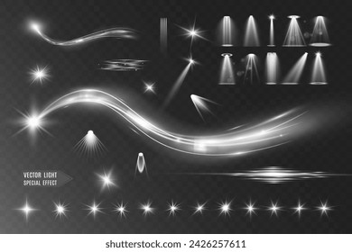 Light white wave and spotlight shine effect,glow line sparkle shine. Silver white wavy effects.	