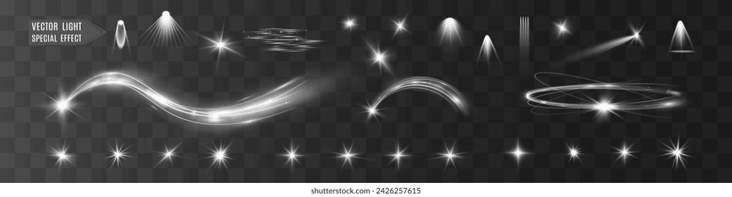 Lichtweiße Welle und Spotlight Shine-Effekt, Glow-Line-Glanz. Silberweiße wellenförmige Effekte.	