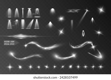 Light white wave and spotlight shine effect,glow line sparkle shine. Silver white wavy effects.