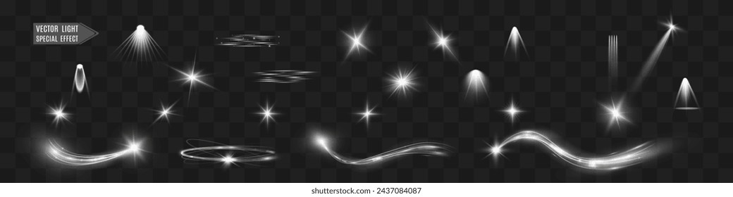 Light white wave and spotlight shine effect,glow line sparkle shine. Silver white wavy effects.