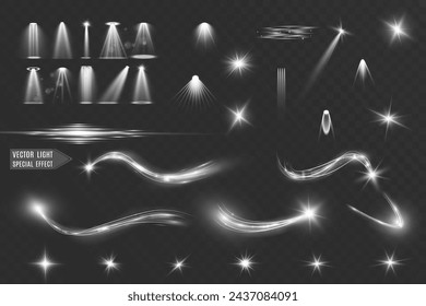 Light white wave and spotlight shine effect,glow line sparkle shine. Silver white wavy effects.