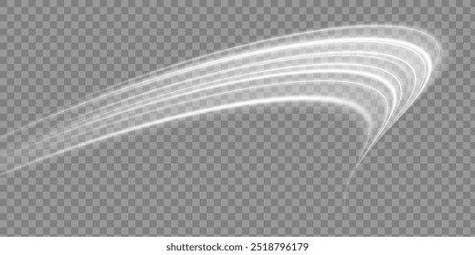 Light white wave and spotlight shine effect,glow line sparkle shine. Glowing white lines accelerate effect on gray transparent background.