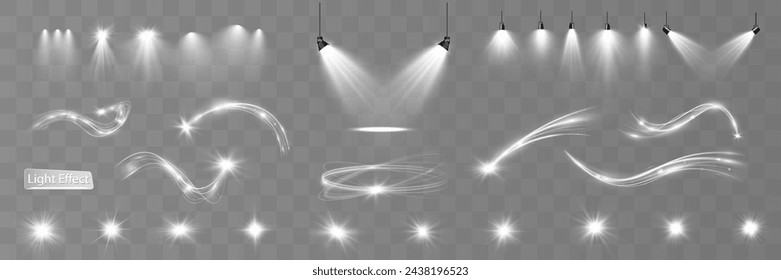 	
Light white wave and spotlight,meteor shine effect,vector glow line sparkle shine. Silver wavy effects.
