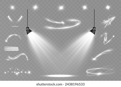 	
Light white wave and spotlight,meteor shine effect,vector glow line sparkle shine. Silver wavy effects.