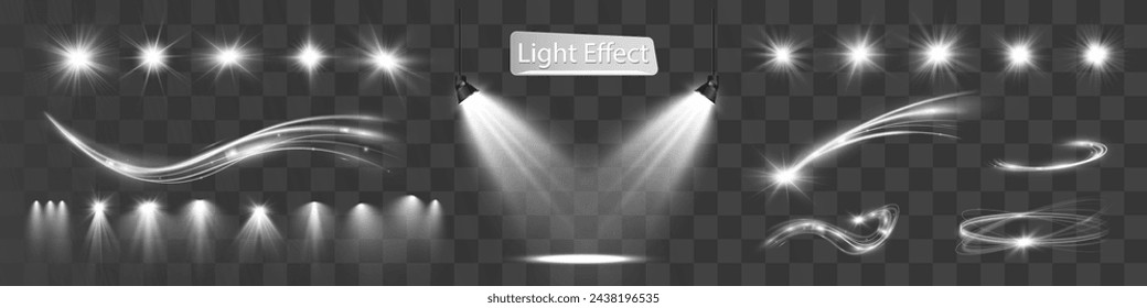 	
Onda blanca clara y foco, efecto de brillo de meteoros, brillo de línea de brillo vectorial. Efectos ondulados plateados.