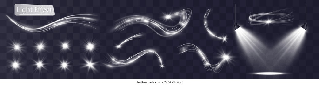 	
Helle weiße Welle und Spotlight, Meteor-Glanz-Effekt, Vektorgrafik Glow-Line-Funkel-Glanz. Wellenförmige Silbereffekte.