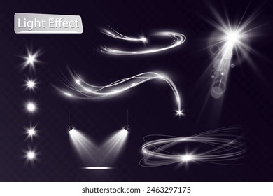 Light white wave and spotlight,meteor shine effect,vector glow line sparkle shine. Silver wavy effects
