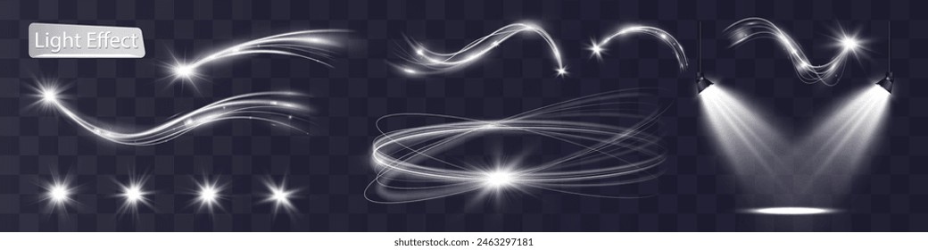 Light white wave and spotlight,meteor shine effect,vector glow line sparkle shine. Silver wavy effects