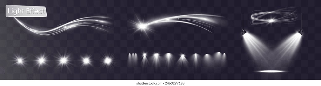 Light white wave and spotlight,meteor shine effect,vector glow line sparkle shine. Silver wavy effects