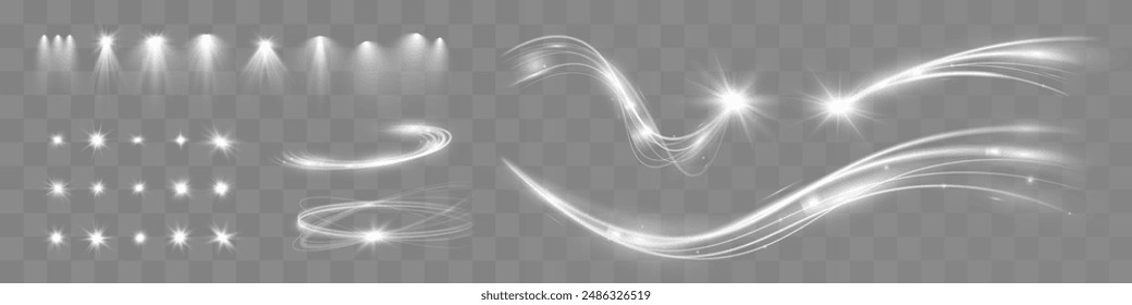Helle weiße Welle und Spotlight, Meteor-Glanz-Effekt, Vektorgrafik Glow-Line-Funkel-Glanz. Wellenförmige Silbereffekte	
