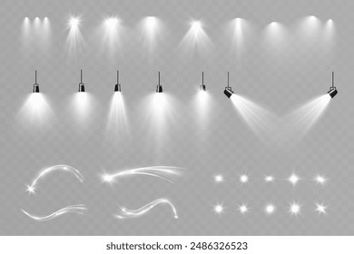 Light white wave and spotlight,meteor shine effect,vector glow line sparkle shine. Silver wavy effects	
