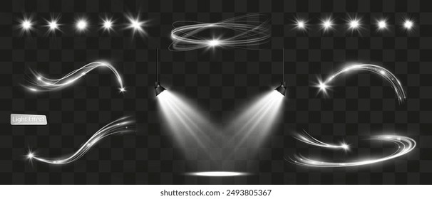 Light white wave and spotlight,meteor shine effect,vector glow line sparkle shine. Silver wavy effects
