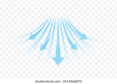Light wind set of vector elements on transparent background. Dynamic blurred air flow movement
