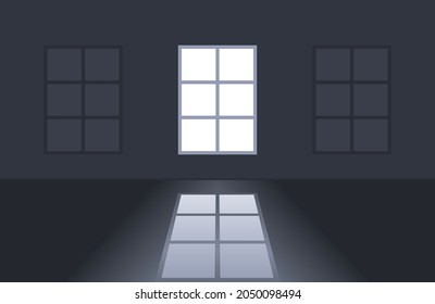 Light from window in empty dark room, outside. Bright window shadow on the floor. Flat vector illustration on black background.