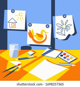 The light from the window falls on the cute workplace of a small artist.
The play of light and shadow. On the table is a sheet of paper pencils and paint for drawing.  Flat vector illustration.
