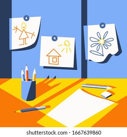 The light from the window falls onto the table of the little artist. On the table is a piece of paper and pencils for drawing. Drawings are hanging on the board. Flat vector illustration.