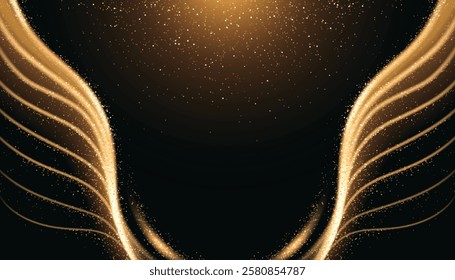 Light wing shaped line background - glowing golden streams on dark surface, magical wavy curves, shimmering particles, luminous angel pattern. Luxury gold design for award ceremony or invitation.