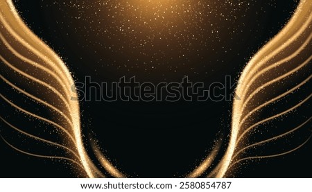Light wing shaped line background - glowing golden streams on dark surface, magical wavy curves, shimmering particles, luminous angel pattern. Luxury gold design for award ceremony or invitation.