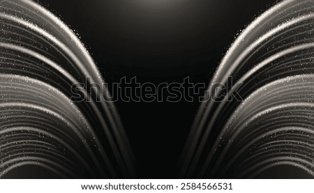 Light wing shaped line background - monochrome curved shapes on black surface, glowing streams of silver particles, sparkling dust effect. Mystical pattern for fantasy or award banner design.