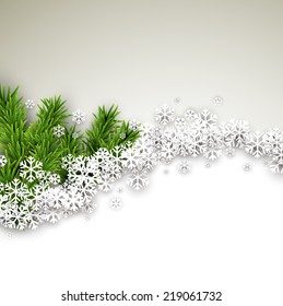 Light winter abstract background. Christmas illustration with snow and fir branches. Vector. 