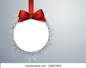 Light winter abstract background. Christmas paper ball background with red bow. Vector. 