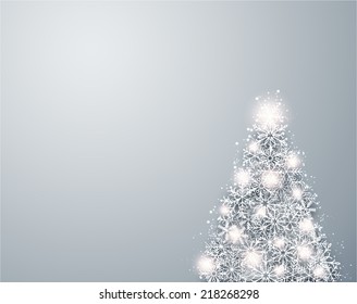 Light winter abstract fir tree. Christmas background with paper snowflakes. Vector. 