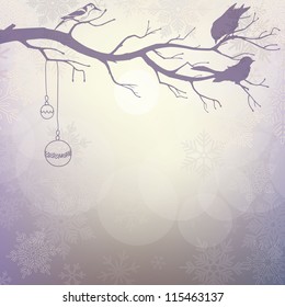 Light winter background with silhouette of branch with birds