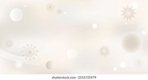 Light winter blurred background with abstract dynamic wave. Beautiful falling snowflakes and flying white circles. An atmosphere of calm, lightness, tenderness and purity. Vector editable template