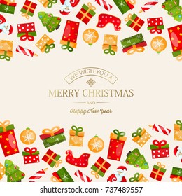 Light winter holidays template with greeting golden inscription and colorful traditional Christmas symbols and elements vector illustration