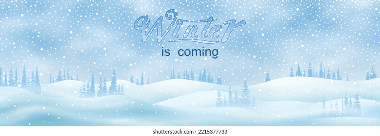 Light winter landscape, snow drifts and trees, it snows, vector illustration, panoramic view